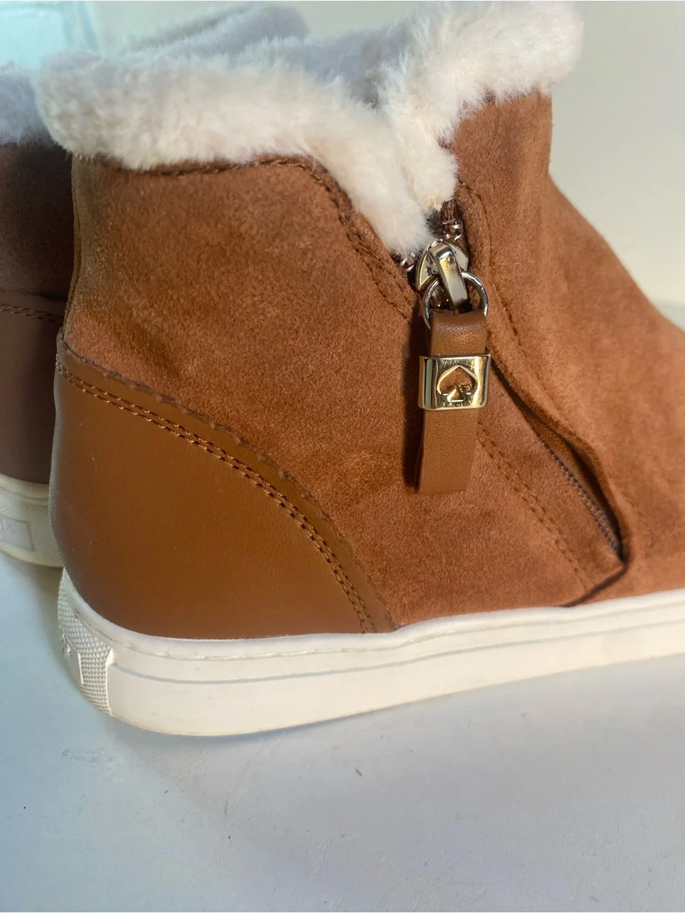 Kate Spade Harper Gingerbread Suede Winter Sneakers Plush White Faux Fur Lining